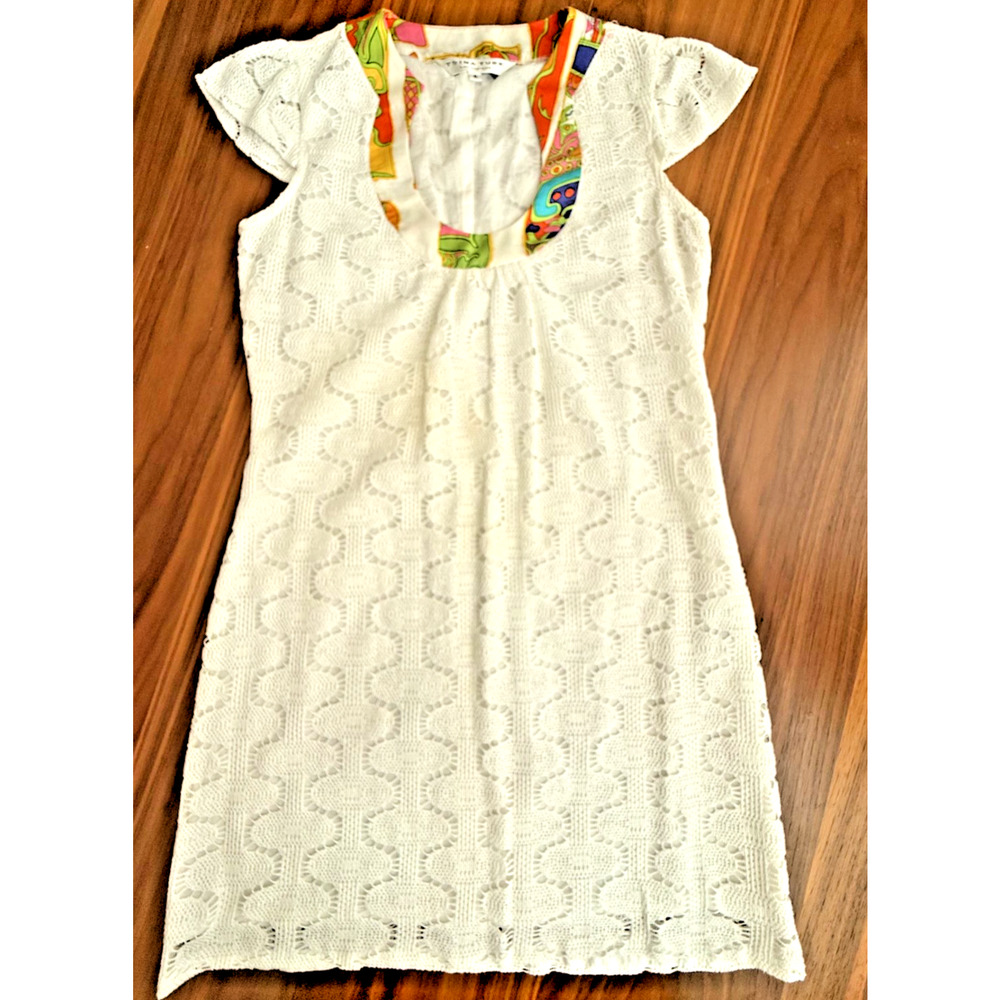 Trina Turk White Crochet Lace Cap Sleeve Sheath Mini Dress, Women's Size 6 Retro
